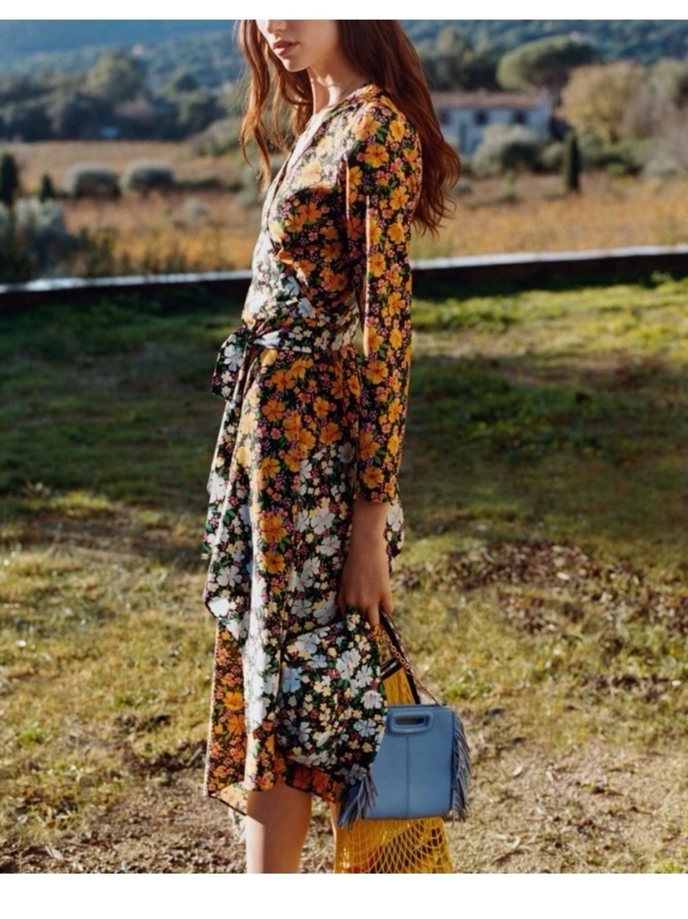 MAJE ROEN ASYMMETRIC WRAP MIDI FLORAL DRESS